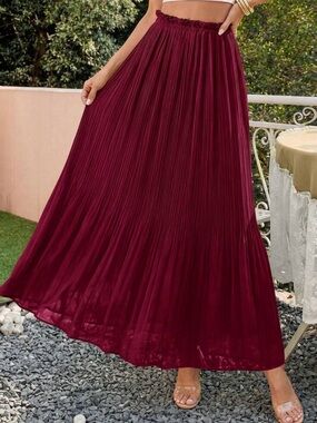 Pleated Burgundy Maxi Skirt - Elegant Women's Skirt
